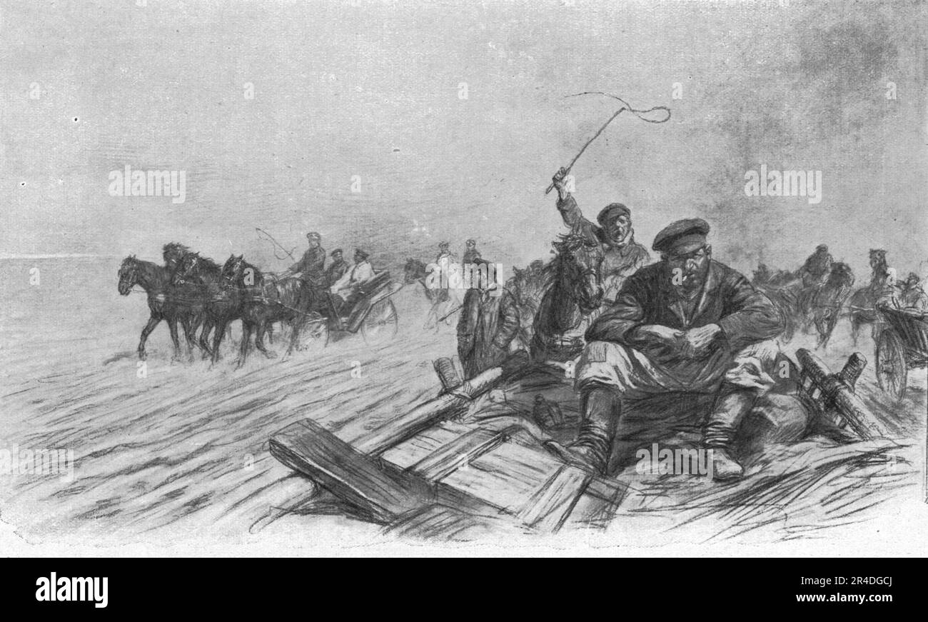 "Visions de guerre sur le front russe; &#x2026;nous depassons des files de chars de paysan, charges de caisses de cartointes.", 1915. Da "Collection de la Guerre IV. L'Illustrazione Tome CXLVII. La Guerre Juillet, Aout, Settembre, Ottobre, Novembre, Dicembre 1916". Foto Stock