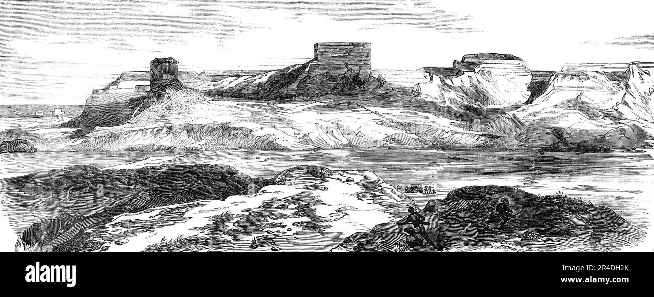 Territorio del Nebraska e del Kansas: Antiche rovine di Bluff vicino a Fort Larumie [sic], Nebraska, 1856. Vista di '...vasto territorio non occupato degli Stati Uniti...[quale] finora è stata la casa del pastoso "Pawnee", il maestoso e coraggioso "Sioux", e le tribù di indiani "Snake" opportunamente chiamato... ora i loro mandati di morte sono firmati, E, se possiamo accreditare i conti recenti, lo zio Sam dimostrerà un carnefice incessante... il destino degli uomini rossi è evidente. D'ora in poi devono, volentieri o no, dimettersi da Buffalo e Elk sulla rollante prateria a Yankee Farmers...T Foto Stock