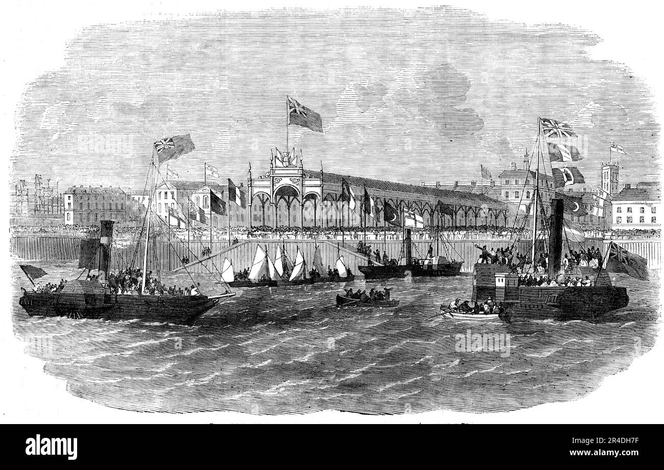 Ricevimento del Colonnello Lake e del Capitano Thompson, ad Hull, 1856. Evento per accogliere il ritorno di '...due degli eroici difensori della città di Kars [Guerra di Crimea]. Questi due ufficiali, da ottobre scorso, erano stati prigionieri nelle mani dei russi, essendo stati rimossi dall'Armenia a San Petersburg, alla resa della famosa fortezza al generale Mouravieff... il Burlington, sparando mentre veniva, allentò la velocità di fronte al Victoria Dock... due sei-fondatori gettarono la loro benevola accoglienza, e contemporaneamente un forte e sostanzioso scoppio di allegria salì dalla diecimila gola Foto Stock