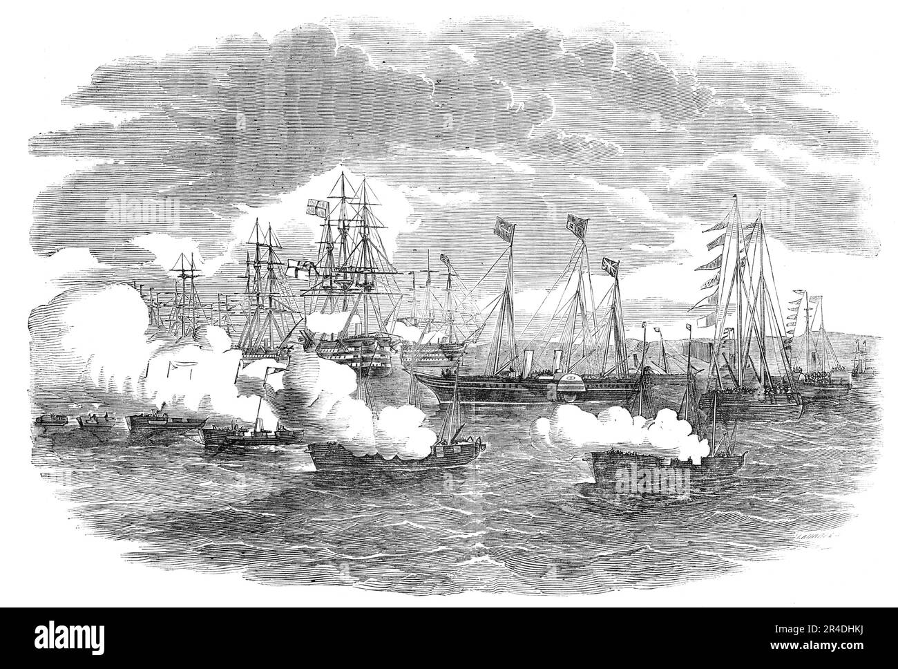 The Naval Review: The Signal for the Gun-Boat Attack, 1856. Le navi della Royal Navy prendono parte a una simulazione di battaglia navale al largo della costa dell'Hampshire vicino al Southsea Castle. "Tutta la flottiglia è dotata di caldaie locomotive ad alta pressione - il posto necessariamente dedicato alle macchine che rendono questo espediente assolutamente imperativo, per economizzare la limitata area a disposizione degli ingegneri. Tuttavia, se la potenza del cavallo appare piccola, la velocità della flotta di navi da fuoco non è affatto contestabile, la media è compresa tra sette e nove nodi'. Da "Illustrated London News", 1856. Foto Stock