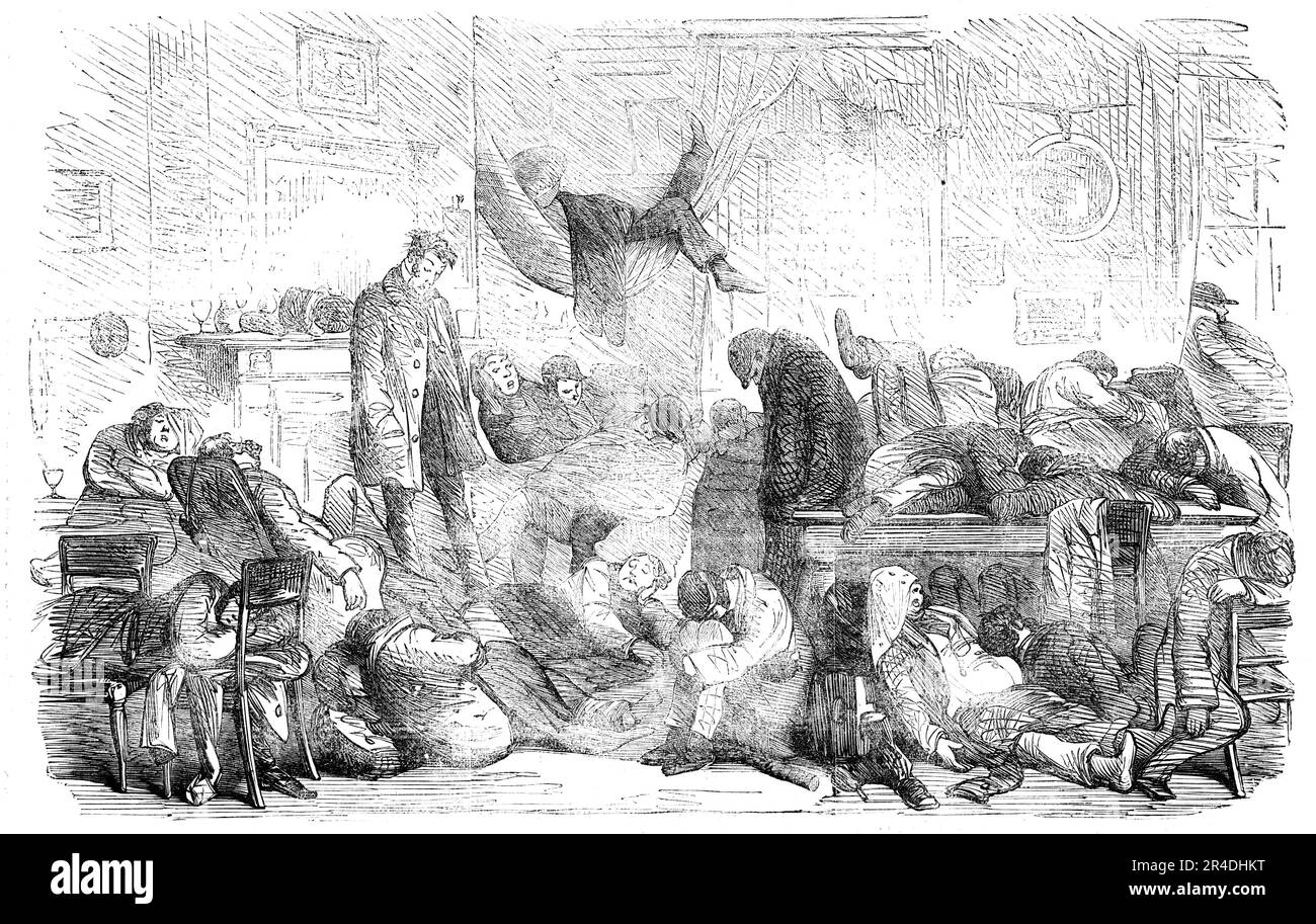 The Great Naval Review: "No Beds" - disegnato da Piz, 1856. Le folle affollano la costa dell'Hampshire per un'esposizione della Royal Navy: Le sistemazioni vengono rapidamente catturate. "Così grande è stato l'afflusso di persone il martedì sera, il giorno immediatamente precedente la recensione, che centinaia di persone non sono state in grado di procurarsi alcun posto letto; mentre coloro che erano più fortunati e sono stati in grado di procurarsi letti lo hanno fatto con grande sacrificio pecuniario”. Da "Illustrated London News", 1856. Foto Stock