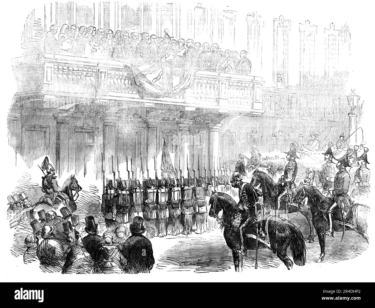 The Reading of the Royal proclama of Peace at Dublin, [Irlanda], 1856. Cerimonia per la fine della guerra di Crimea. Il proclama è stato letto al Castello di Dublino e alla Casa Mansion, '... con tutti i pomp e spettacolo che potrebbero tendere ad agire e ad armonizzare con l'entusiasmo pubblico. I soldati e gli araldi - il cortesemente retinue - le bellissime trappole e le brillanti decorazioni - tutti passarono all'ammirazione... le truppe contavano almeno settemila... Sir Bernard Burke, Ulster King of Arms... con gli araldi, e la Casa Viceregale, salirono al balcone del Castello, e una chiamata h Foto Stock