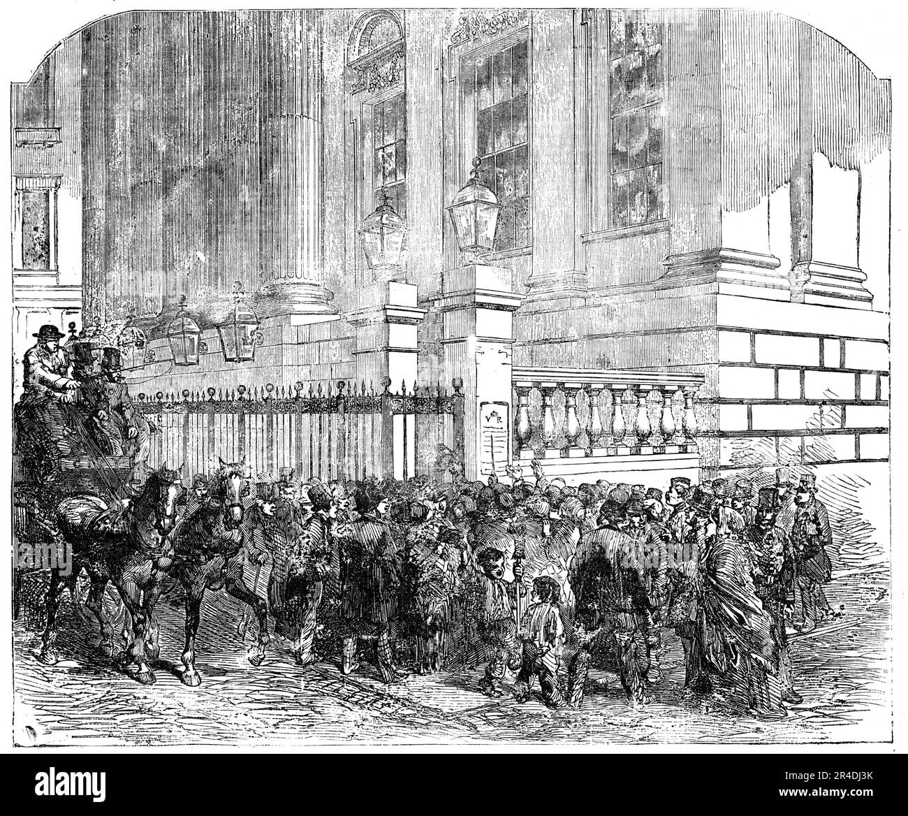 Leggere la notizia della pace, presso la Mansion-House, 1856. Fine della guerra di Crimea annunciata dal sindaco di Londra: "...questa mattina è stato ricevuto un messaggio dal conte di Clarenden, Segretario di Stato maggiore per gli affari esteri di sua Maestà, datato Parigi, il 30th, annunciando che un trattato definitivo per il ripristino della pace, E per il mantenimento dell'integrità e dell'indipendenza dell'Impero Ottomano, è stato firmato ieri a Parigi dai plenipotenziari di sua Maestà, dell'Imperatore dei francesi, del Re di Sardegna, del Sultano e anche dell'Imperatore Foto Stock