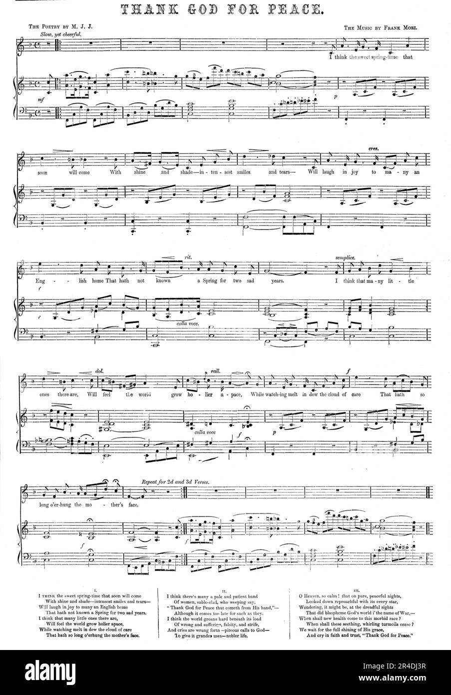 "Grazie a Dio per la pace" (spartiti), 1856. 'La poesia di M.J.J; la musica di Frank Mori...penso che la dolce primavera che presto arriverà, con lucentezza e ombra - i più intensi sorrisi e lacrime - riderà di gioia a molti una casa inglese, che non conosce una primavera per due anni tristi. Penso che molti piccoli ci sono, sentiranno il mondo crescere più santo apace, mentre guardando sciogliere in rugiada la nuvola di cura, che ha così a lungo o'erhung il volto della madre ... 0 Cielo, così calmo! Che nelle notti pure e tranquille, guardò giù rimproachful con la relativa ogni stella, domandandosi, potrebbe essere, al terribile Foto Stock
