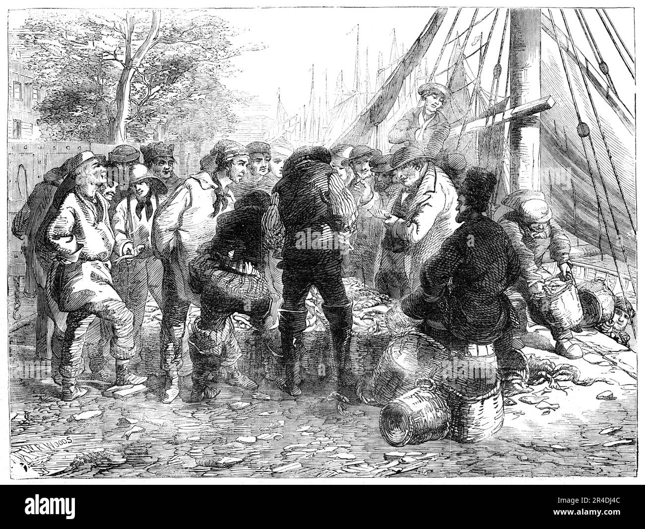 Vendita di aringhe, sul molo, Great Yarmouth, 1856. Vendere pesce nell'Anglia orientale: '...le barche vanno verso sud fino alla foce del Tamigi e della Foreland meridionale. Gli aringhe inoltre frequentano una parte opposta Yarmouth denominata il capo ed un posto conosciuto....come la Banca marrone, sulla costa olandese. C'è anche una specie più piccola di aringa catturata a Yarmouth, da barche più vicine alla riva; sono di buona qualità, e sono chiamati "lunghe rive", o "alonshore herrings". Quando la pesca è vicina a casa, un gran numero di barche partono dalla riva al tramonto per mettere le loro reti, tornando in t Foto Stock