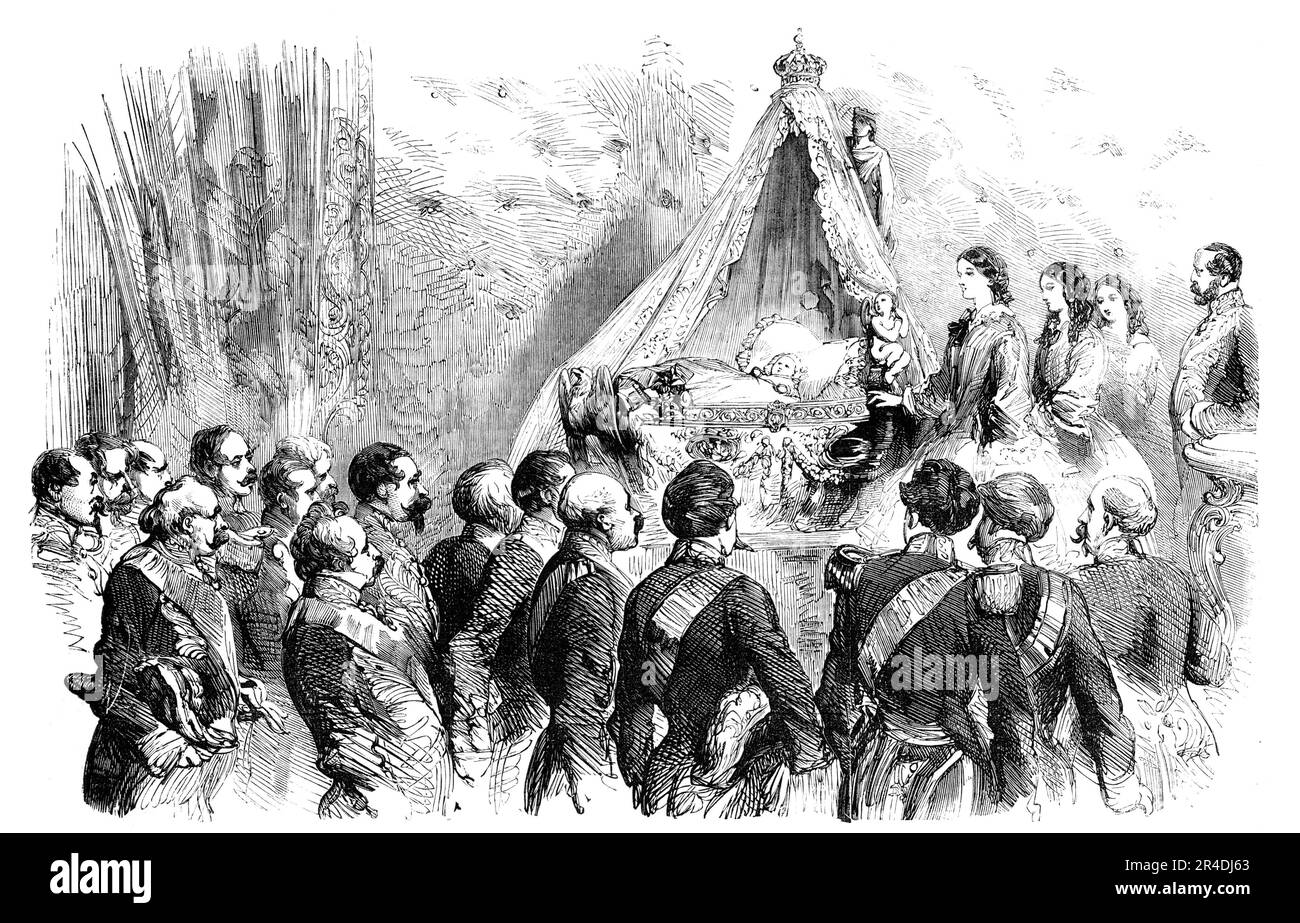 Visita dei grandi dignitari di Stato al neonato imperiale, [Parigi], 1856. '...l'Imperatore ricevette le felicitazioni del Senato, del corpo legislativo, del Consiglio di Stato. Magistratura, l'Istituto, il clero di diverse convinzioni, il corpo Municipale, e le depressioni dalla Guardia Nazionale e dall'Armata e dalla Marina, nella sala del Trono. I magistrati erano in costume intero e i funzionari civili e militari in uniforme. I Presidenti dei vari corpi, dopo essersi congratulati con l'Imperatore per la nascita di un erede Imperiale, furono successivamente introdotti negli appartamenti del Foto Stock