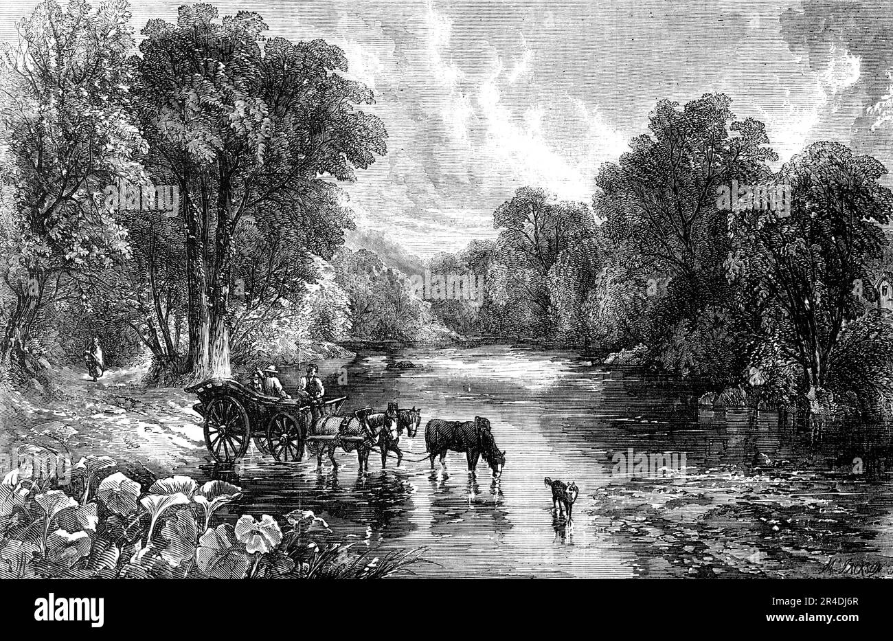 "Summer Time - Crossing the Ford" - dipinto da T. J. Soper - dalla Mostra dell'Istituto Nazionale, 1856. Incisione di '...un paesaggio incantevole, dopo la vera scuola inglese; fresco e scandaloso; il cielo certamente più dopo la moda dell'attuale primavera-tempo tetro che dell'estate rosea; Ma il ruscello ondeggiante che si snoda nel mezzo del paesaggio, e l'ombra profonda che pervade ogni cavità frondosa, sono in stretta armonia con esso, e fedele alla natura nei suoi aspetti sobri. Il carro di mercato di fronte, con il suo carico rustico, e il cane trotting su prima, Foto Stock