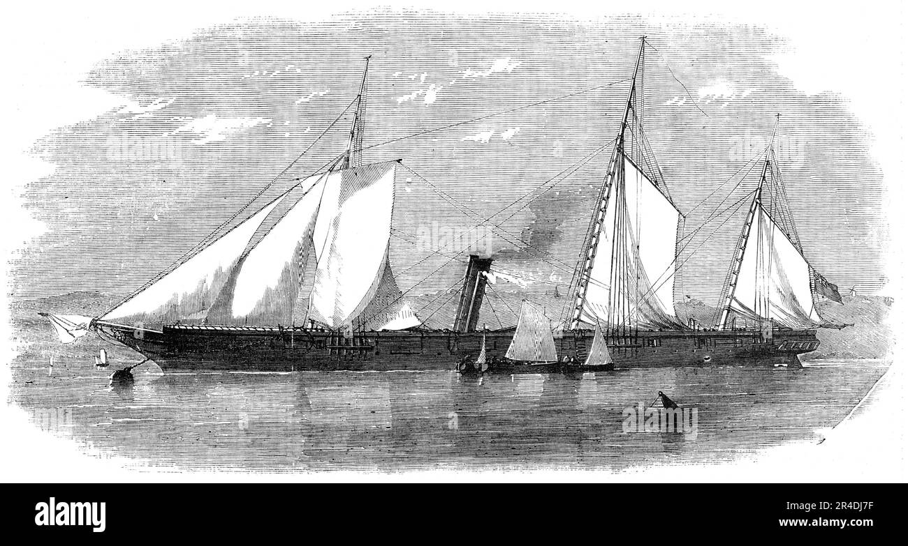 H.M. Nuovo dispatch Gun-Boat "Wanderer", 1856. Guerra di Crimea: Nave della Marina reale. "Questa bella imbarcazione da armi, di nuova classe, è stata appena installata presso il Chatham Dockyard. È una delle nuove navi-pistola di spedizione, costruita a Blackwall, e nave sorella al Mohawk. È un'imbarcazione molto rakish; infatti, da apparenze esterne, potrebbe essere presa per uno yacht da Signore. L'illusione, tuttavia, viene presto dissipata sul ponte, perché porta due pesanti pistole Lancaster, indipendentemente dai pezzi più piccoli. Non c'è dubbio, dal suo grande cavallo-potere (200) e lunghezza estrema, lei vapore molto fa Foto Stock