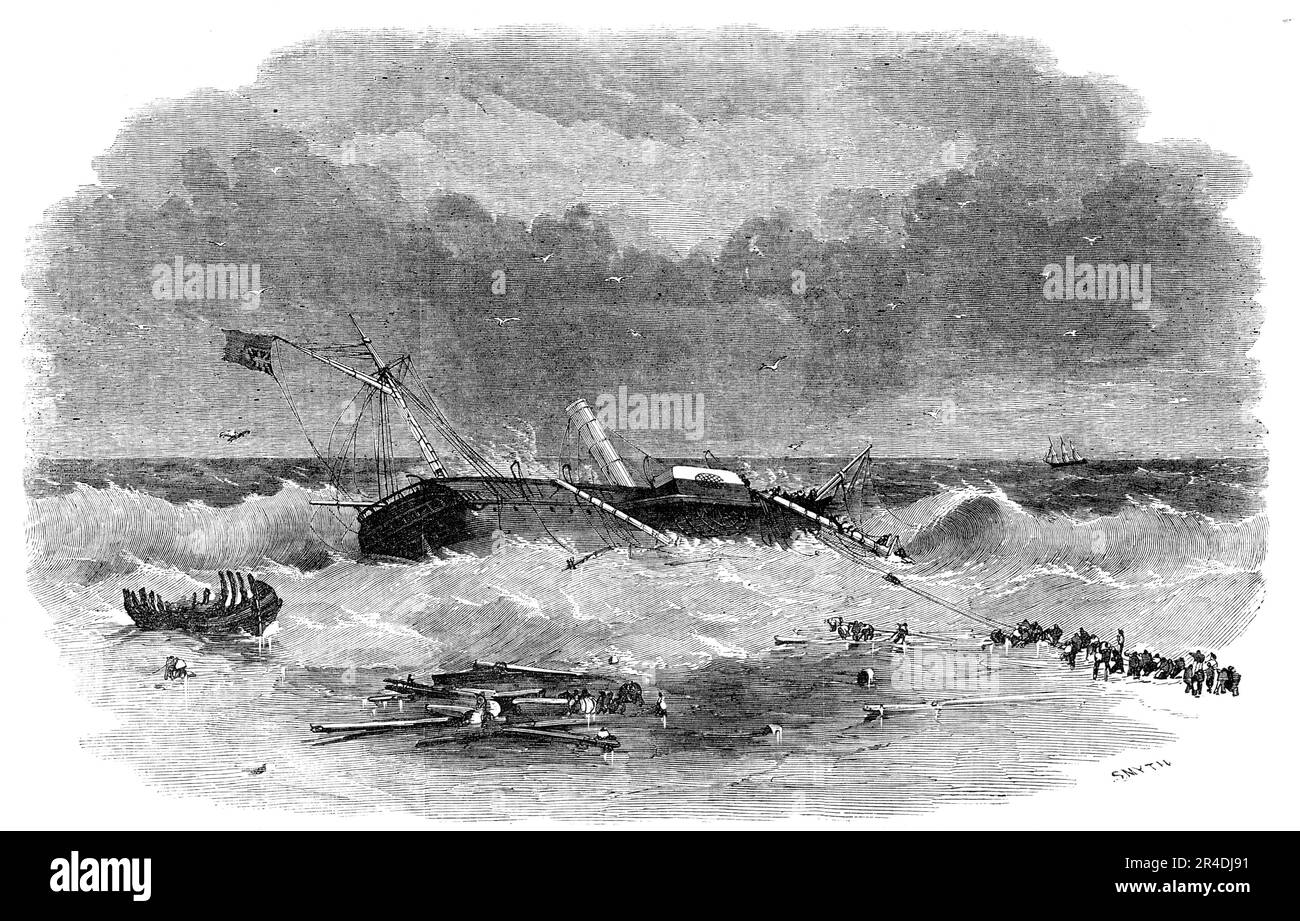 Relitto del "Polifemo", al largo del faro di Hautsholmen, 1856. Un vaporetto di guerra guidato sulla riva, costa dello Jutland. 'Pistole di distress erano state sparate... per richiamare l'attenzione di una nave che è stata vista a breve distanza, ma, a causa di una fitta nebbia che ha prevalso, non è stato possibile ottenere assistenza da lei. Il taglierino e il secondo concerto furono abbassati, e un certo numero di membri dell'equipaggio saltarono in loro, ma, non riuscendo a passare i demolitori, si tirarono in mare, nella speranza di raggiungere la nave prima menzionata. Non si è sentito parlare degli uomini in nessuna di queste due barche. Sig. Herbert, Mast Foto Stock