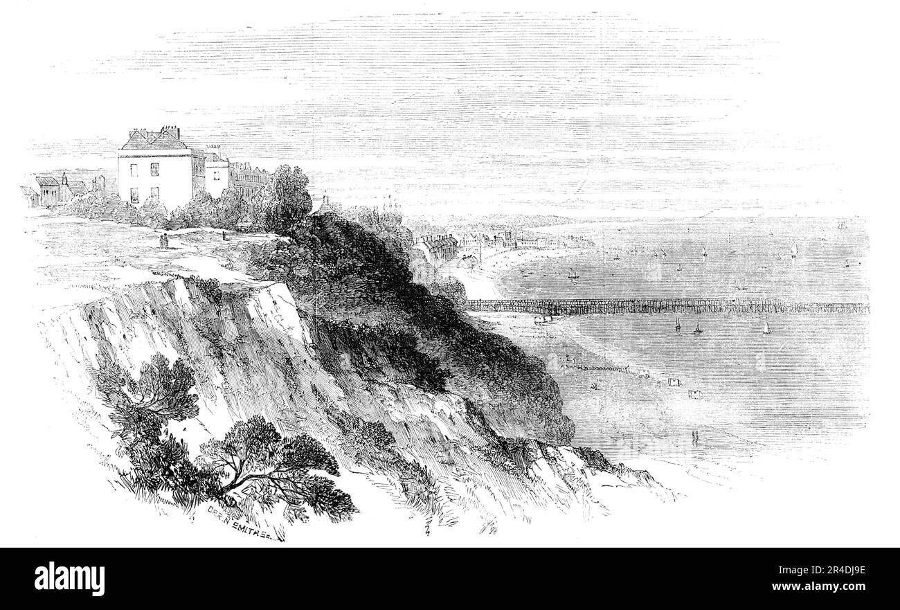 Southend e Pier, 1856. '...la parte conclusiva [della ferrovia di Londra, Tilbury e Southend], al capolinea di Southend, è stata aperta sabato scorso, 1st marzo. La lunghezza della ferrovia è di quarantadue miglia... la costruzione è stata effettuata sotto la supervisione congiunta dei noti ingegneri, il Sig. Bidder e il Sig. John Fowler. Le tariffe sono estremamente ragionevoli, ci si aspetta che Southend - il luogo di balneazione più vicino alla metropoli - diventerà di conseguenza un resort più popolare...[Visualizza] una parte del molo, che è un miglio e un quarto di lunghezza, e ha Foto Stock