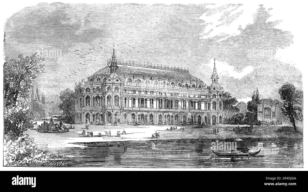 La Music-Hall sarà eretta in "The Surrey Zoological Gardens", [Londra], 1856. 'Si propone di stendere il terreno sotto la supervisione di un eminente topografo paesaggistico, secondo la moda più approvata; terrazze, voliere, fontane - ogni varietà di piante fiorite; edifici per l'esposizione di mostre uniche e interessanti; e un grande disegno pittorico di Danson, saranno novità di spicco. Nella nuova Sala si esibiranno musica vocale e strumentale di alta classe, l'auditorio sarà in grado di ospitare 10.000 persone, mentre una nobile terrazza, il surro Foto Stock
