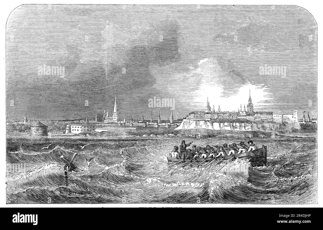 Reval, all'ingresso sud del Golfo di Finlandia, 1856. Vista di un'...importante città di Esthonia...un luogo commerciale molto ricco, con un porto molto bello...ben fortificato. E 'molto frequentato dai ricchi russi in estate come luogo di balneazione. Reval o Revel è diviso nella città alta e bassa; la prima arroccata su una scogliera rocciosa... La città bassa, la cui discesa è molto ripida, è di notevole estensione, ha molte strade larghe, che si estendono fino alla piana riva sabbiosa del porto... l'alta guglia, mostrata un po' a sinistra del centro della vista, è quella di San OLAF, circa 2 Foto Stock