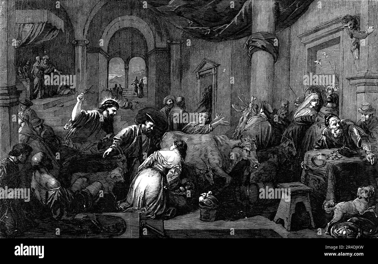 Nuove immagini nella Galleria Nazionale - "Cristo che guida i money-Changers fuori del Tempio" - dipinte da Bassano, 1856. 'Nella foto che ci è stata presentata alla Galleria Nazionale da Philip L. Hinds, Esq., abbiamo un buon campione dei poteri di [Bassano] e delle sue peculiari predilezioni. In mezzo alla folla confusa di agenti di denaro, bovini, cani e commercianti in stock, non riconosciamo nessuno di quegli attributi sublimatori di solito mirati nel trattamento dei soggetti sacri. Non possiamo concludere il nostro avviso di questa foto senza animadvertismo sul gusto e il giudizio della "H Foto Stock