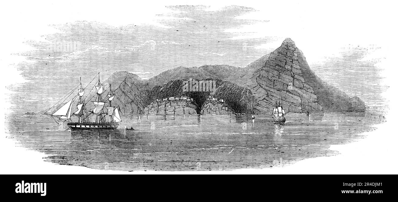 Isola di Pitcairn - abbozzata da H.M.S. "Anfiteatro", 1856. Visita ad un'isola nell'Oceano Pacifico abitata dai discendenti dei mutineer Bounty. 'Gli isolani sono scesi in una barca a balena, e sembrava felice di vederci... abbiamo preso una mucca e diversi altri regali utili agli isolani. Ora sono compresi tra il 180 e il 190, e parlano di rimandare a Norfolk Island quest'anno: Ma credo che la maggior parte rimarrà a Pitcairn's, essendo molto legato ad esso. È, tuttavia, impossibile che possano rimanere tutti lì molto più a lungo, essendo solo cinque miglia di circonferenza, e una grande d Foto Stock