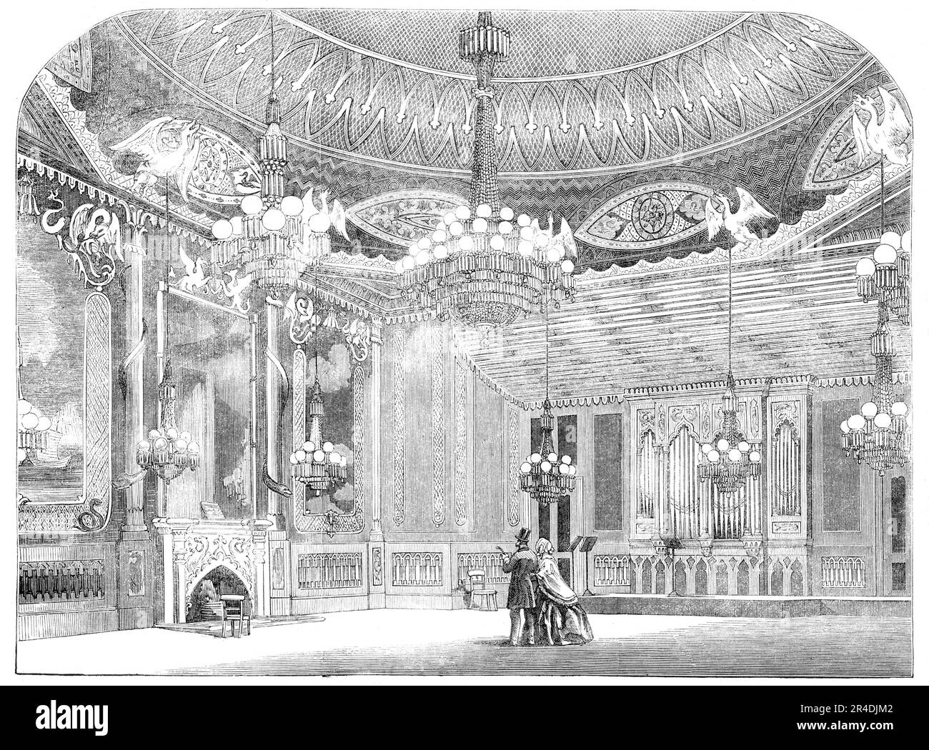 The Music-Room, nel Padiglione, Brighton, 1856. 'Uno degli appartamenti più splendidamente abbelliti è la Music Room... si erge all'altezza di 41 metri, ed è sormontato da una cupola di 30 metri di diametro; è riccamente dight con verde e oro, e dal centro e dal cerchio esterno sono sospese lustre per illuminare l'appartamento; il primo appeso ai draghi d'oro. Nei pannelli che fiancheggiano il pezzo di sciminiera sono due viste altamente rifinite in cina, la cui struttura è arricchita con draghi e serpenti. Sul lato nord, in una cavità, è un magnifico organo, di Lincoln - al momento di esso Foto Stock