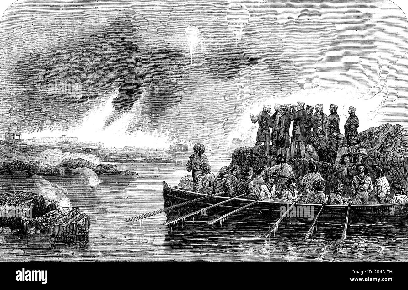 Il bombardamento di Sveaborg - ufficiali sull'isola di Tona Miola - disegnato da J. W. Carmichael, 1856. Scena dalla guerra di Aland, parte della guerra di Crimea. "Domenica pomeriggio, 12 agosto, il luogotenente James Campbell, H.M., nave a vapore Lightning, si recò verso l'isola di Tona Miola, con gli Ammiragli Dundas e Seymour, e diversi altri ufficiali, al fine di vedere, se possibile, i danni subiti al retro della città di Sveaborg [vicino Helsinki]. Gli Ammiragli e gli ufficiali sbarcarono sull'isola, e furono visti quasi immediatamente dalle batterie russe, che iniziarono a sparare su di loro, e dall'al Foto Stock