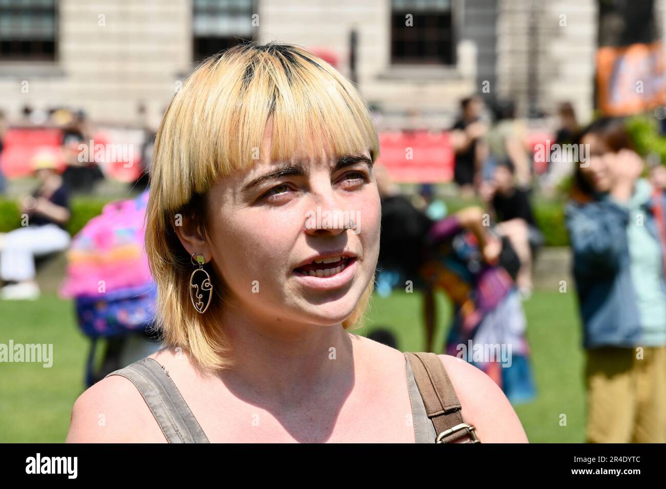 Rosa Hicks. Non la mia protesta di Bill. Attivisti di più organizzazioni hanno protestato in Piazza del Parlamento contro il disegno di legge del Public Order Act del 2023, entrato in vigore il 3rd 2023 maggio. Parliament Square, Westminster, Londra, Regno Unito Foto Stock