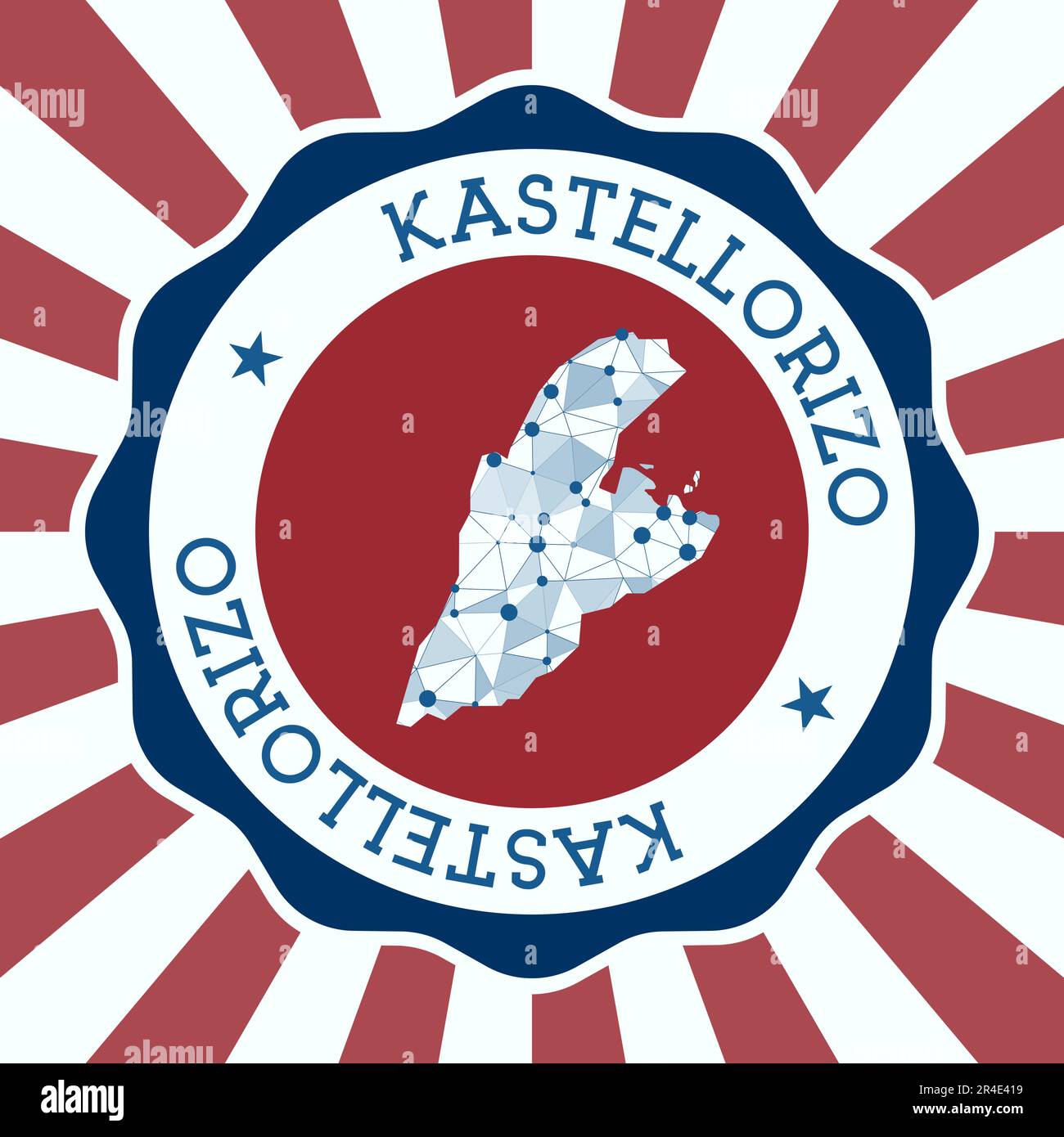 Distintivo Kastellorizo. Logo rotondo dell'isola con mappa a maglia triangolare e raggi radiali. Vettore EPS10. Illustrazione Vettoriale