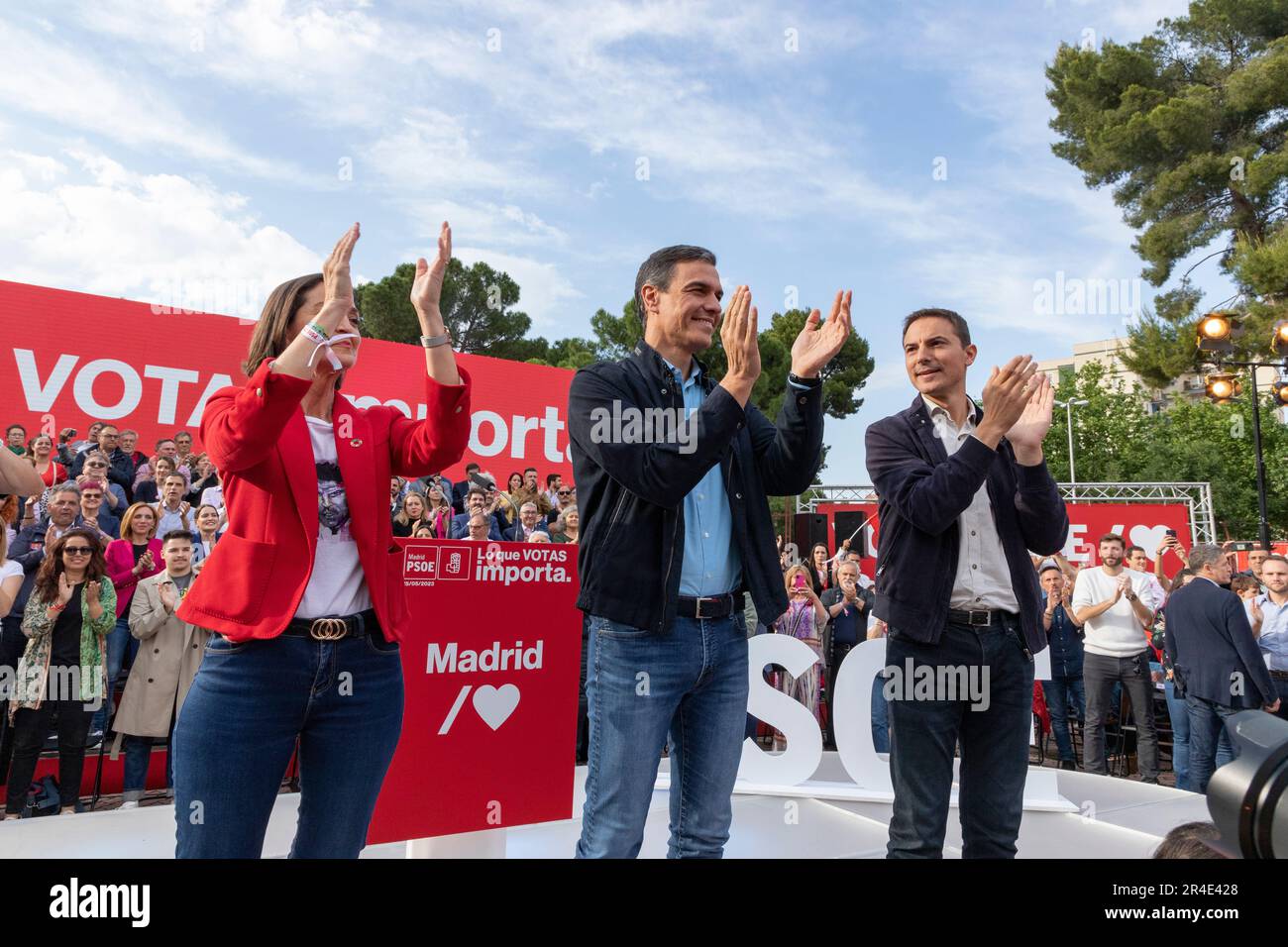 Pedro Sanchez. Juan Lobato. Reyes Maroto. PSOE. Candidati in un atto del gruppo socialista spagnolo dei lavoratori (PSOE). MADRID, SPAGNA - 25 MAGGIO 2023. Foto Stock