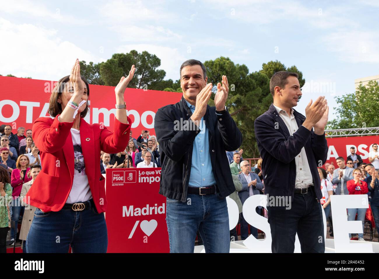 Pedro Sanchez. Juan Lobato. Reyes Maroto. PSOE. Candidati in un atto del gruppo socialista spagnolo dei lavoratori (PSOE). MADRID, SPAGNA - 25 MAGGIO 2023. Foto Stock