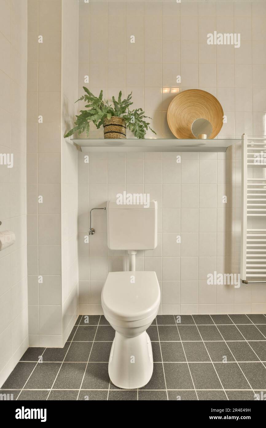 un bagno con una toilette e piante sullo scaffale sopra la toilette è  accanto alla vasca da bagno in angolo Foto stock - Alamy