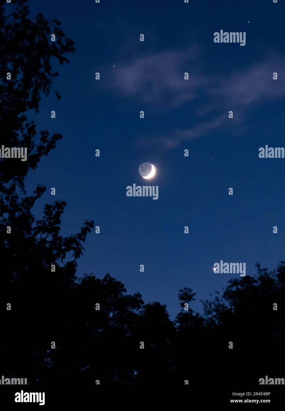 Una luna crescente in una chiara notte di primavera con il pianeta Venere nell'angolo in basso a destra visto dal Worcestershire, Inghilterra. Foto Stock