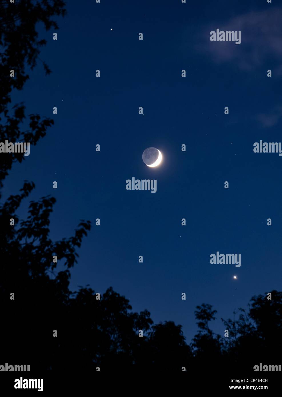 Una luna crescente in una chiara notte di primavera con il pianeta Venere nell'angolo in basso a destra visto dal Worcestershire, Inghilterra. Foto Stock