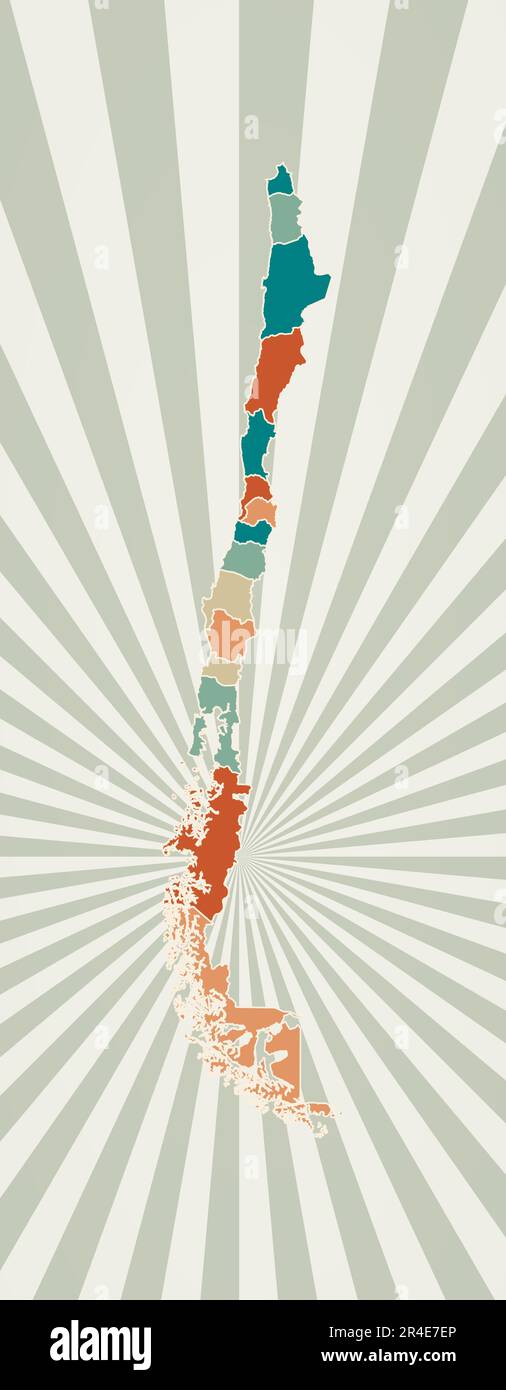 Mappa del Cile. Poster con mappa del paese in tavolozza di colori retrò. Forma del Cile con sfondo di raggi di sole. Illustrazione vettoriale. Illustrazione Vettoriale