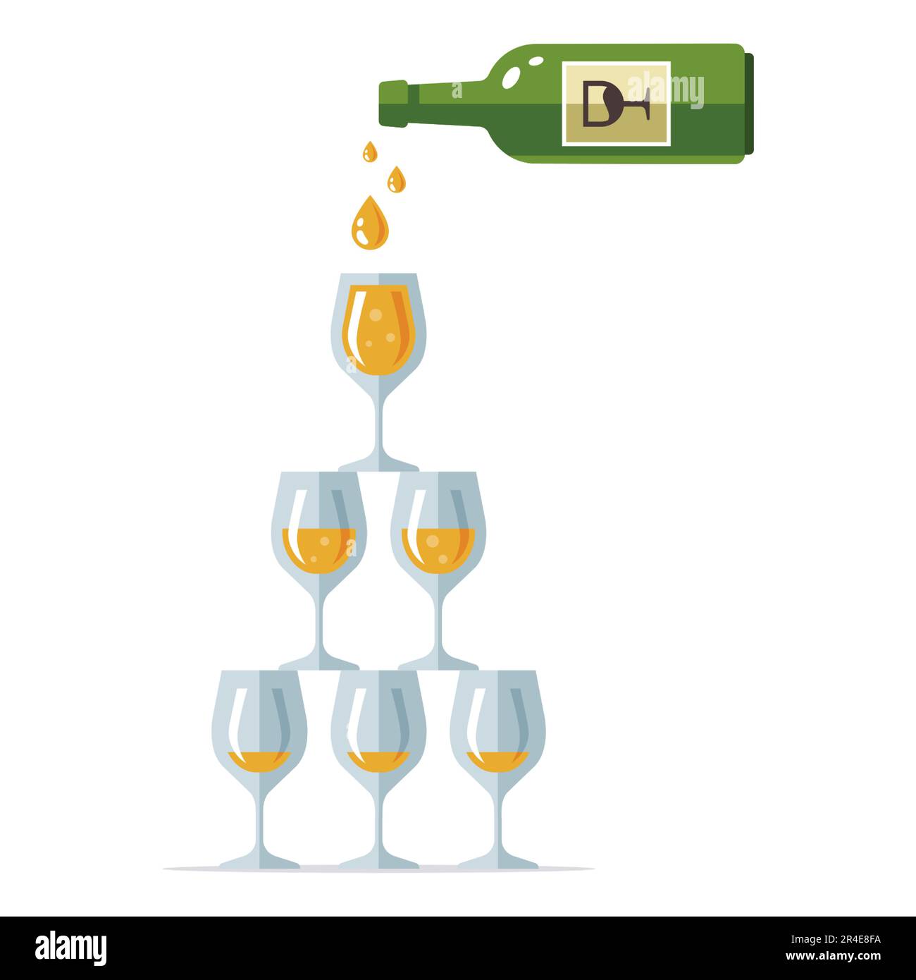 piramide di bicchieri con champagne e una bottiglia di alcol. illustrazione del vettore piatto. Illustrazione Vettoriale