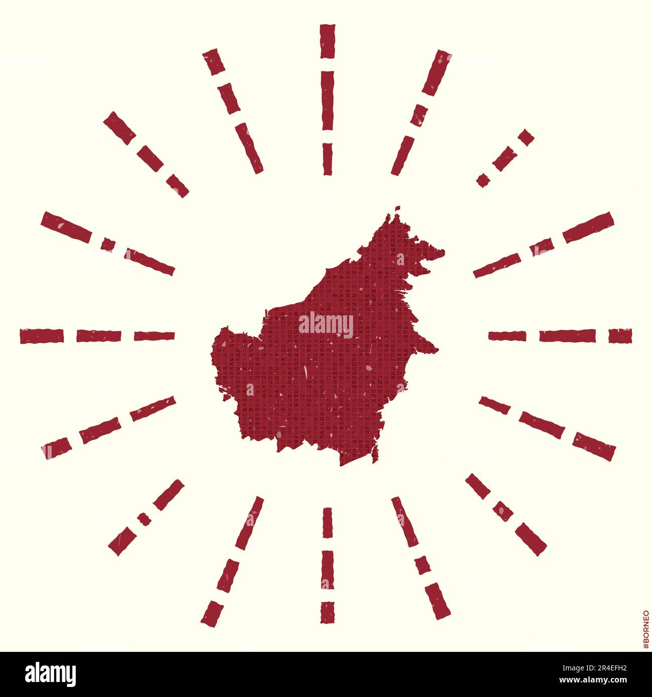 Logo Borneo. Grunge sunburst poster con mappa dell'isola. Forma del Borneo riempito con cifre esadecimali con raggi di sole intorno. Vibrant Vector Illustrat Illustrazione Vettoriale