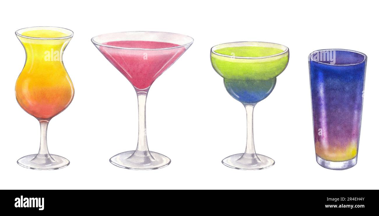 Diverso cocktail di alcool tropicale sulla spiaggia. Martini Mojito Tequila Alba Daiquiri Margarita bevanda. Illustrazione a acquerello disegnata a mano su fondo bianco Foto Stock