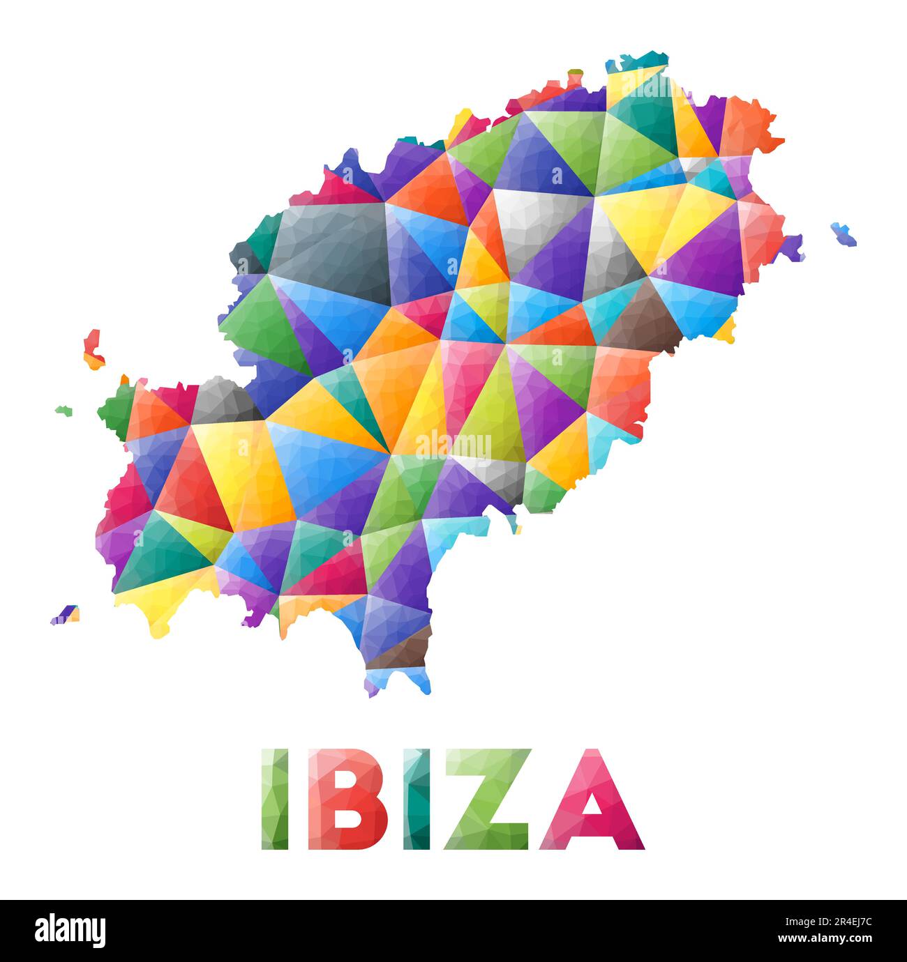 Ibiza - colorata e bassa forma di isola polica. Triangoli geometrici multicolore. Design moderno e alla moda. Illustrazione vettoriale. Illustrazione Vettoriale