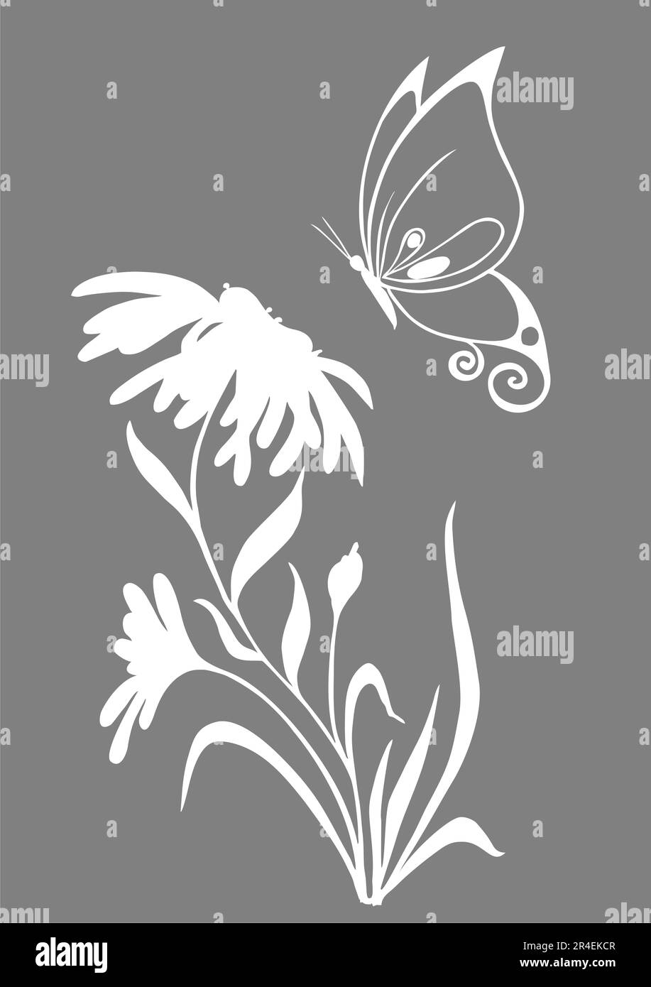 disegno grafico bianco di contorno di un bouquet di fiori su sfondo grigio, disegno Foto Stock