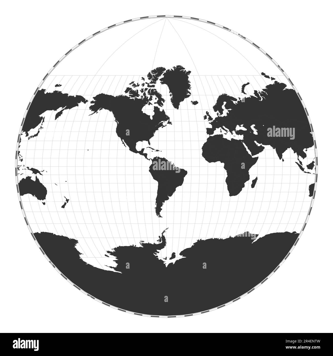 Mappa del mondo vettoriale. Proiezione Van der Grinten III. Mappa geografica del mondo con linee di latitudine e longitudine. Centrato a 60deg longitudine E. VECTO Illustrazione Vettoriale