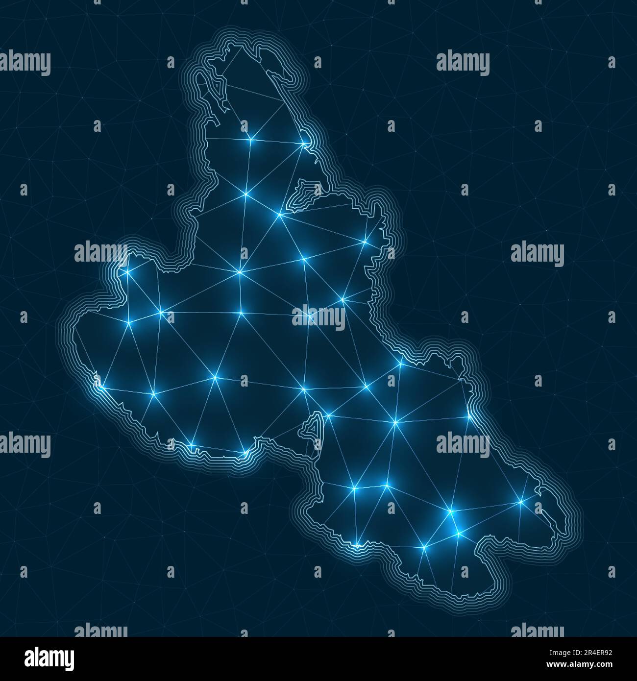 Mappa della rete Krk. Mappa geometrica astratta dell'isola. Progettazione di connessioni digitali e telecomunicazioni. Rete Internet luminosa. Illustrazione Vettoriale
