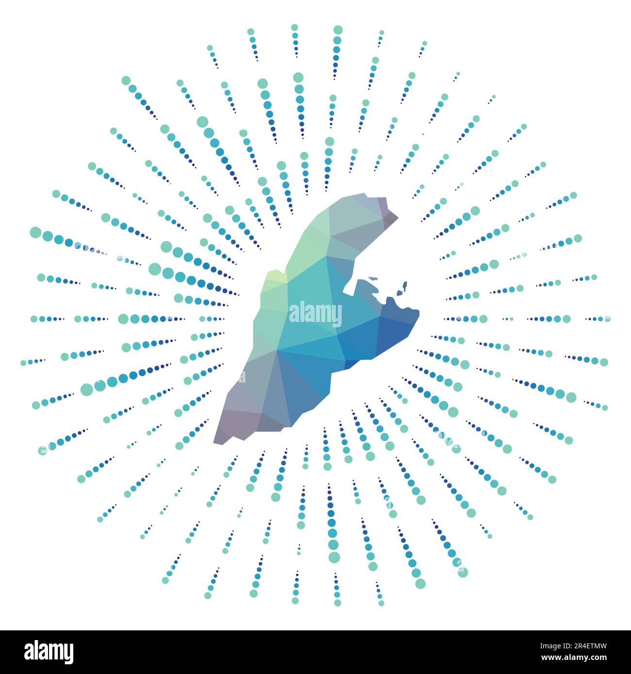 Forma di Kastellorizo, scoppio solare poligonale. Mappa dell'isola con raggi stellari colorati. Illustrazione Vettoriale