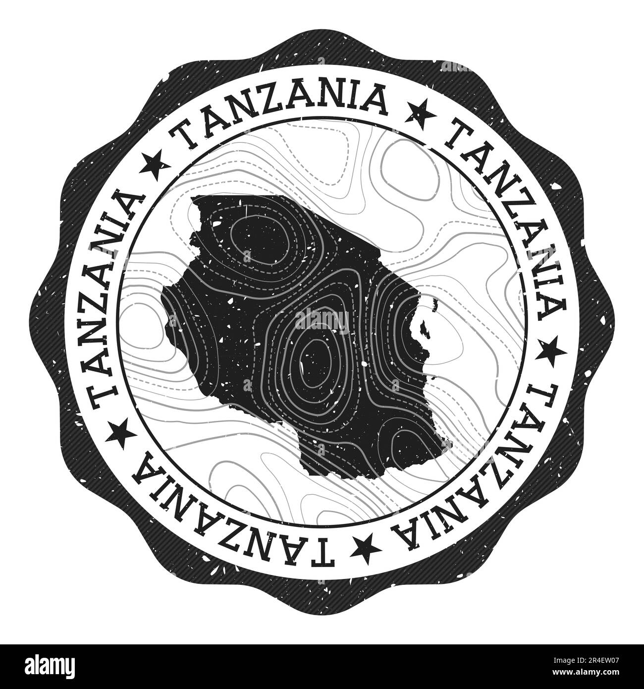 Francobollo all'aperto della Tanzania. Adesivo rotondo con mappa del paese con isoline topografiche. Illustrazione vettoriale. Illustrazione Vettoriale