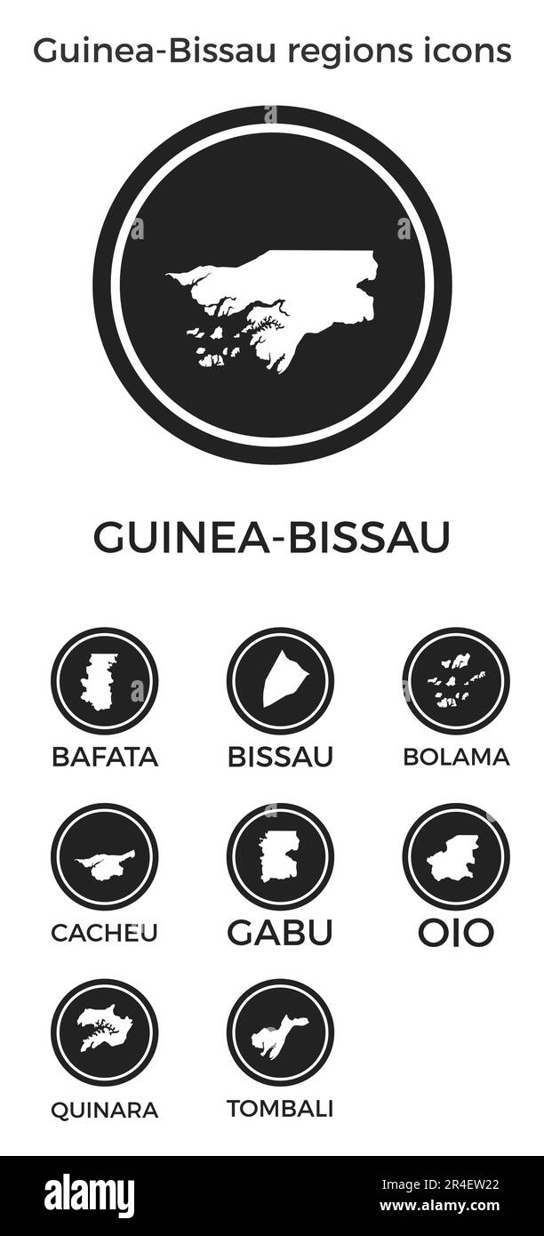 Icone delle regioni della Guinea-Bissau. Logo tondi neri con mappe e titoli delle regioni dei paesi. Illustrazione vettoriale. Illustrazione Vettoriale