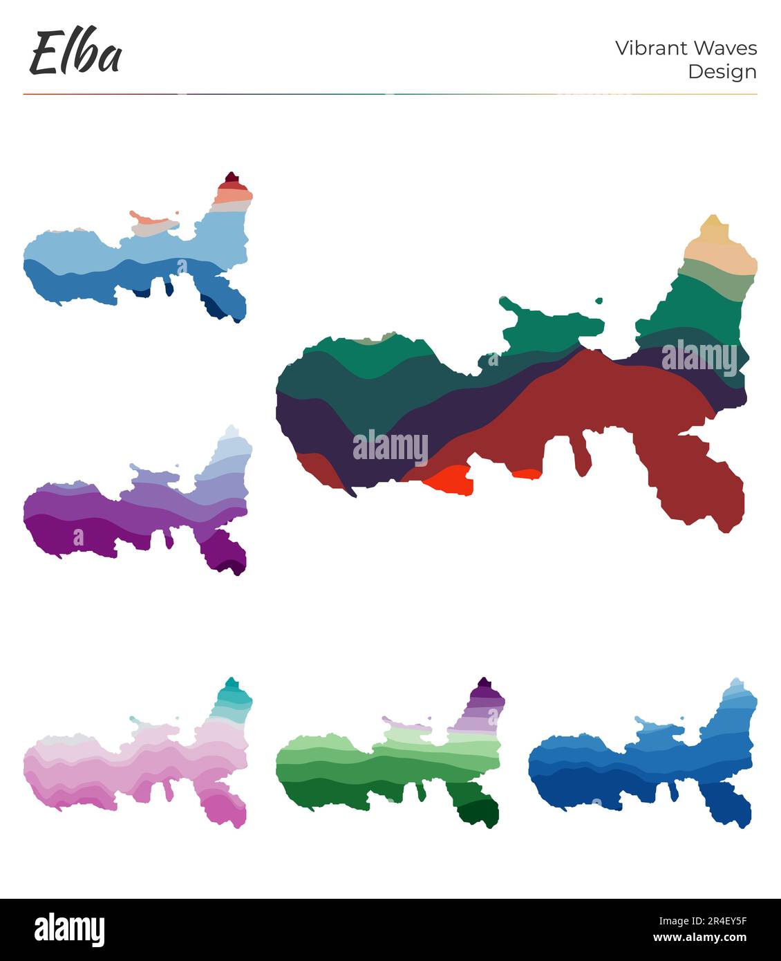 Set di mappe vettoriali dell'Elba. Design dalle onde vibranti. Mappa luminosa dell'isola in stile geometrico con curve lisce. Mappa dell'Elba multicolore per il tuo progetto. Illustrazione Vettoriale