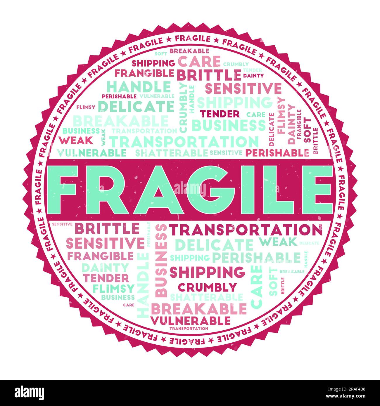 Immagine parola FRAGILE. Concetto fragile con nuvole di parole e testo rotondo. Bei colori e texture grunge. Autentica illustrazione vettoriale. Illustrazione Vettoriale