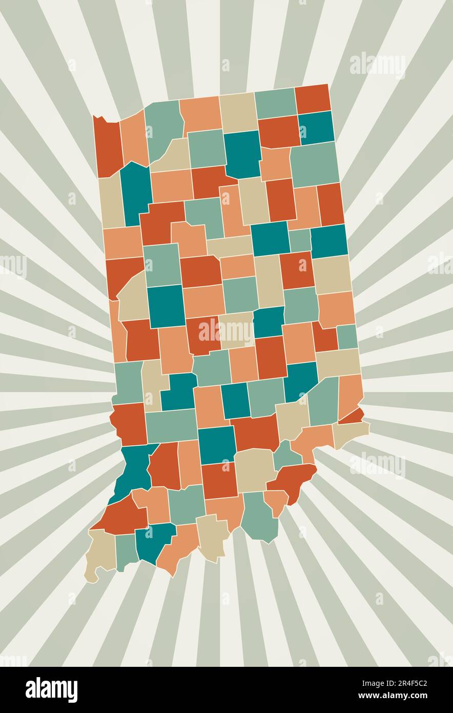 Mappa dell'Indiana. Poster con mappa dello stato degli Stati Uniti nella tavolozza dei colori retrò. Forma dell'Indiana con sfondo a raggi solari. Illustrazione vettoriale. Illustrazione Vettoriale