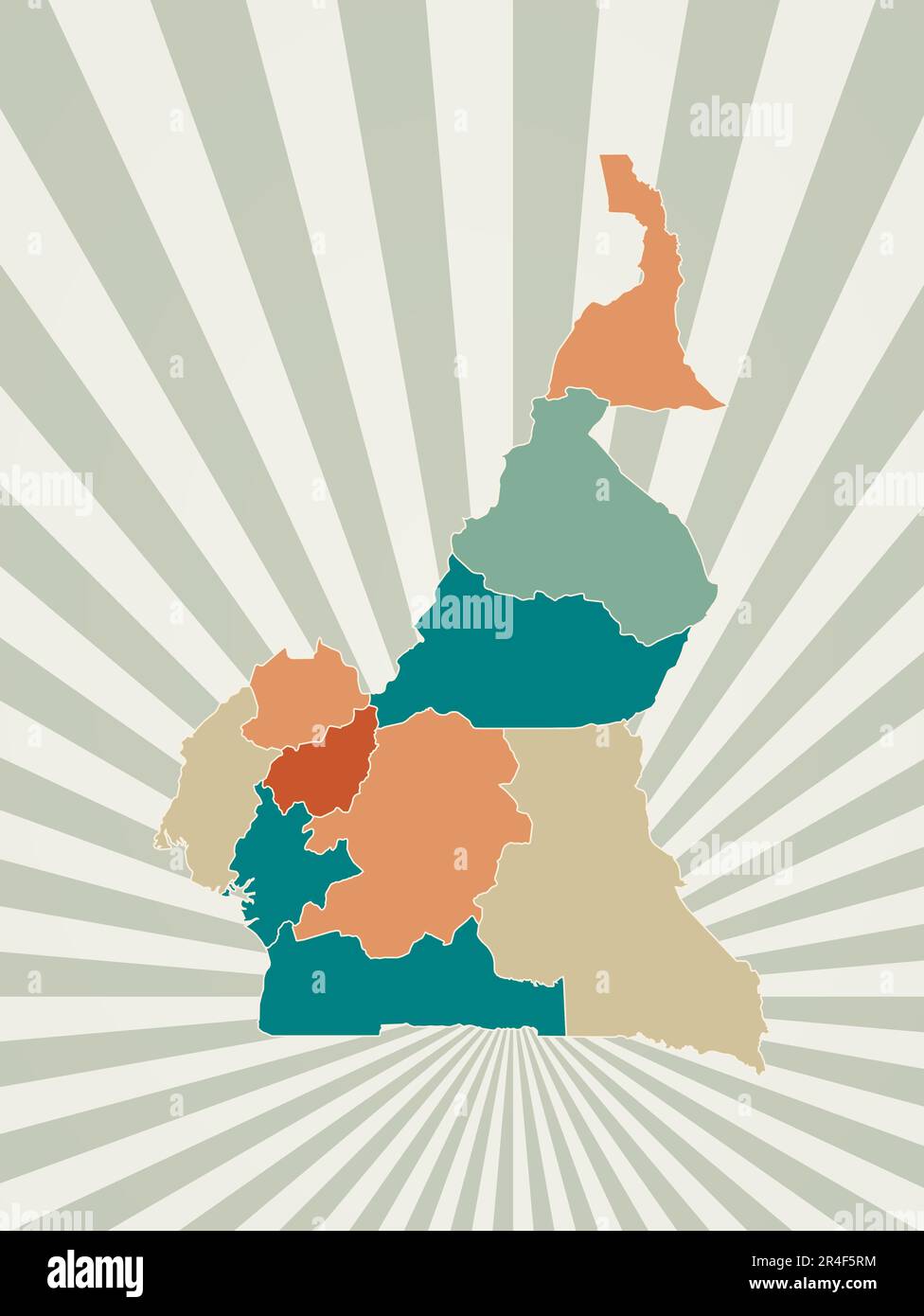 Mappa del Camerun. Poster con mappa del paese in tavolozza di colori retrò. Forma del Camerun con sfondo di raggi di sole. Illustrazione vettoriale. Illustrazione Vettoriale