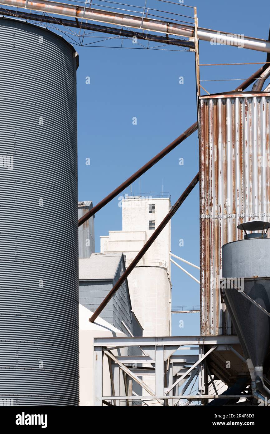 Dettagli del complesso di ascensori per grano industriale sotto il cielo azzurro Foto Stock
