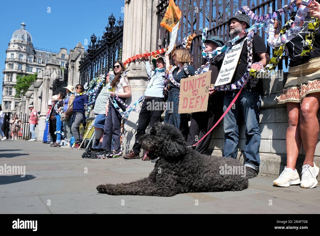 Londra, Regno Unito. 27th maggio, 2023. Attivisti provenienti da una varietà di organizzazioni tra cui Republic, Extinction Rebellion (XR), Just Stop Oil (JSO) e Black Lives Matter (BLM) hanno marciato in opposizione al disegno di legge dell'ordine pubblico, recentemente dato regale ascensione, e altre leggi governative che, secondo i dimostranti, limitano la protesta pacifica, criminalizzando azioni come il blocco e l'estensione dei poteri di stop e di seach. Credit: Undicesima ora di Fotografia/Alamy Live News Foto Stock