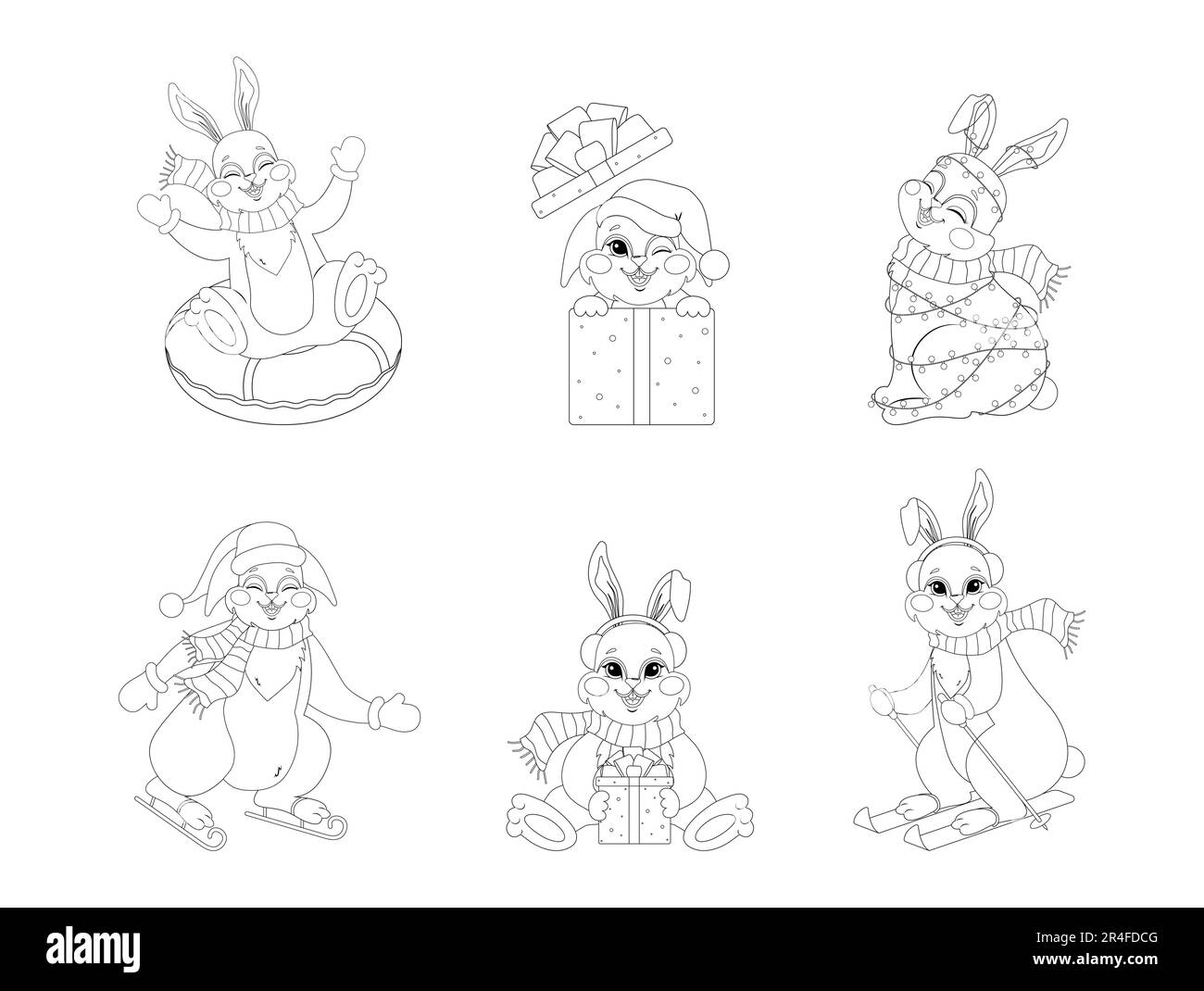 Set di coniglietti cute per libro da colorare. Conigli di Natale con ghirlanda, regali, sci. Pagine da colorare in bianco e nero. Contorno vettoriale isolato Illustrazione Vettoriale