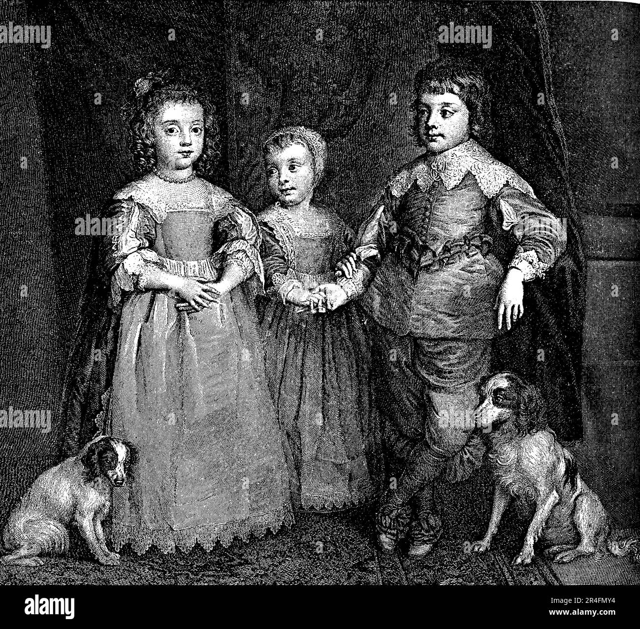 Carlo i d'Inghilterra ebbe numerosi figli, tra cui Carlo II, Giacomo II, Maria, Principessa reale, Ed Elisabetta. Carlo II divenne re dopo la Restaurazione nel 1660, dopo un periodo di dominio del Commonwealth. Giacomo II gli successe, ma fu deposto durante la gloriosa Rivoluzione del 1688. Maria, Principessa reale, sposò Guglielmo II, Principe d'Orange e divenne Regina d'Inghilterra a suo diritto, regnando insieme al marito. Elisabetta sposò Federico V, Elettore Palatino, e divenne la madre di Sofia di Hannover, che era in linea per succedere alla regina Anna ma la predecesse Foto Stock