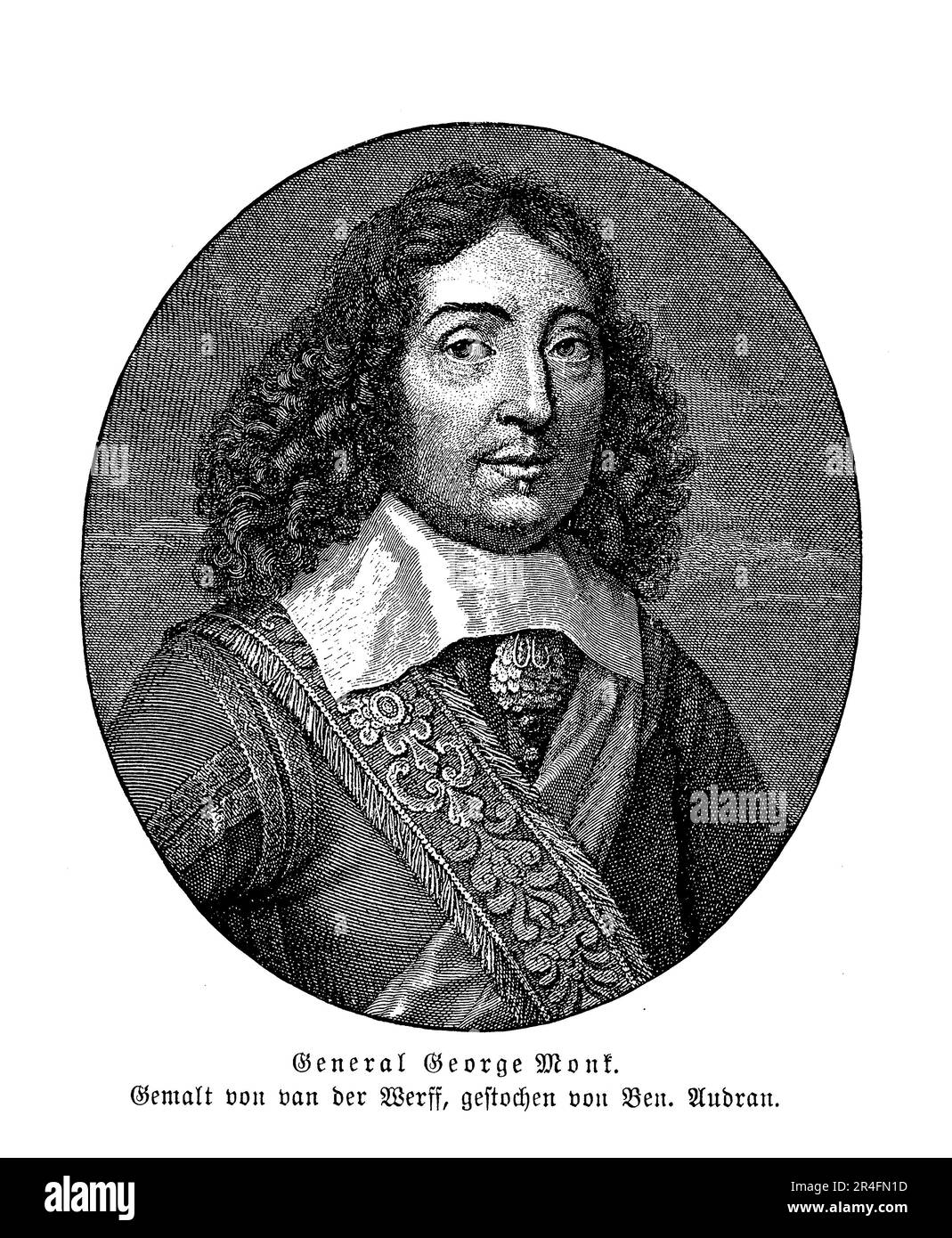 George Monck, noto anche come generale George Monck, fu un soldato e statista inglese del 17th° secolo che svolse un ruolo chiave nel restauro della monarchia in Inghilterra. Servì come comandante in capo dell'esercito durante la guerra civile inglese, e in seguito svolse un ruolo chiave nella restaurazione della monarchia nel 1660, quando marciò il suo esercito a Londra e persuase il parlamento a ricordare Carlo II dall'esilio. Monck fu premiato per la sua fedeltà con il titolo di Duca di Albemarle e fu uno dei consiglieri più fidati di Carlo II. Ha anche giocato un ruolo nelle guerre anglo-olandesi e ha supervisionato t Foto Stock