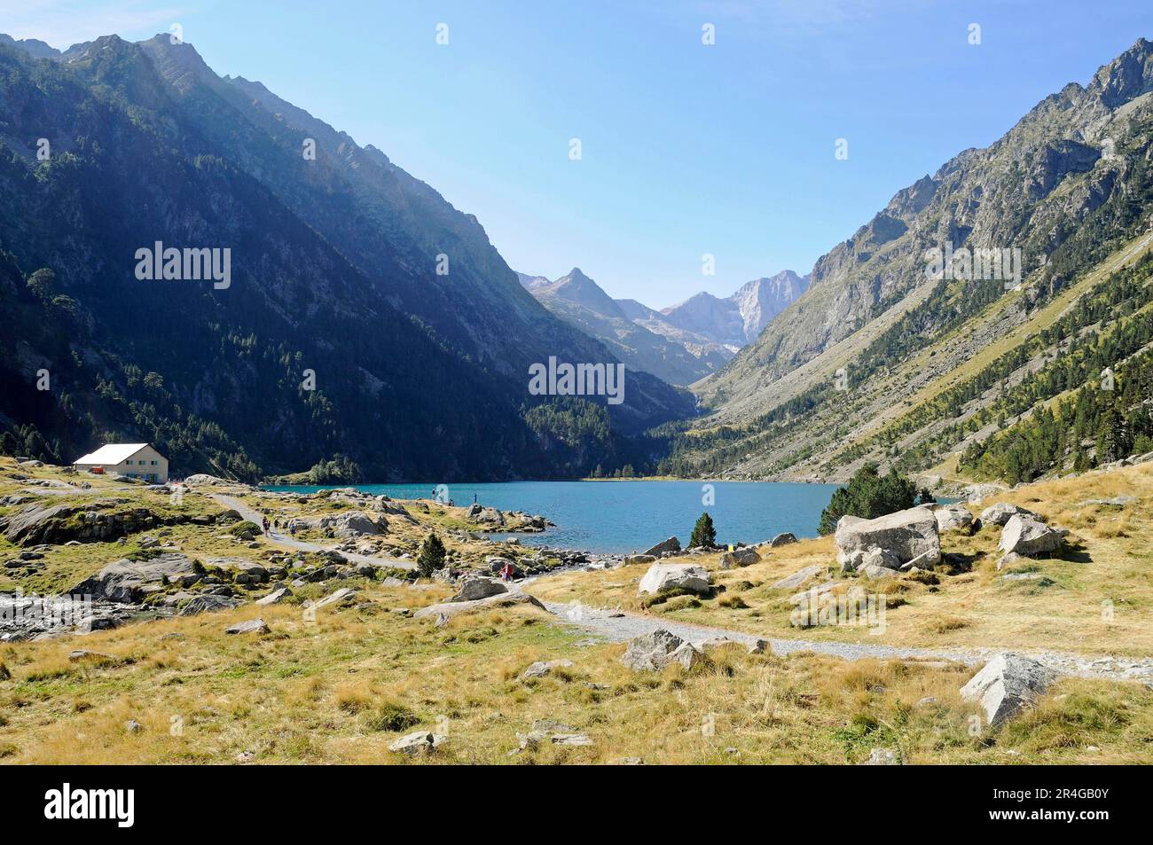 Lac de Gaube, lago di montagna, Cauterets, Midi Pirenei, Pirenei, Dipartimento degli Hautes-Pyrenees, Francia Foto Stock