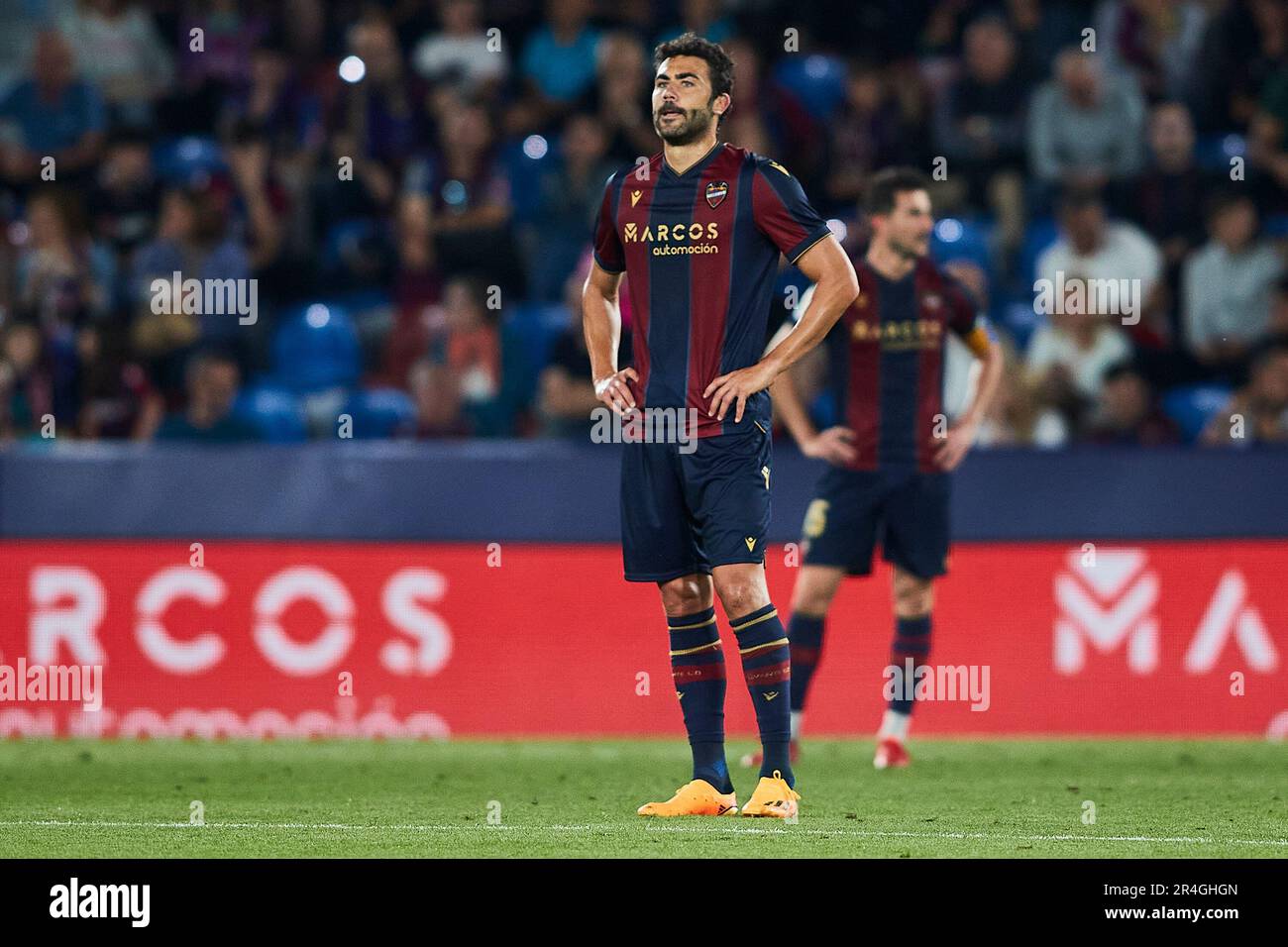 Vicente Iborra (Levante UD, #10) reagisce durante la partita televisiva della LaLiga Smartbank tra Levante e Oviedo allo stadio Ciutat de Valencia il 27 maggio 2023 Foto Stock