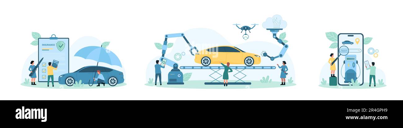 Produzione, polizza assicurativa e rifornimento di auto set di illustrazione vettore. Cartoon persone piccole controllare stazione di servizio con lente di ingrandimento e app mobile in telefono, montaggio auto su trasportatore di fabbrica Illustrazione Vettoriale